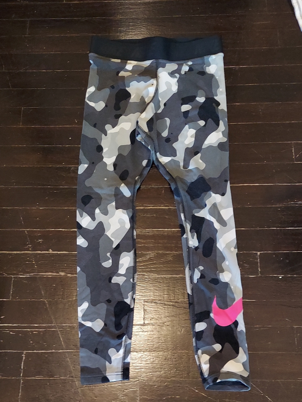 Nike Kids Gray Camo Leggings with Pink Swoosh